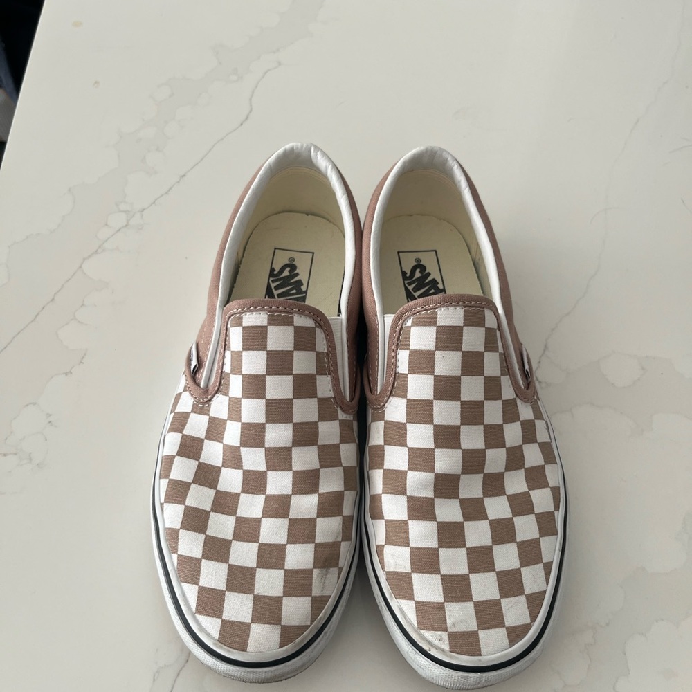 Vans Brown and White Checkered Slip-On Sneakers